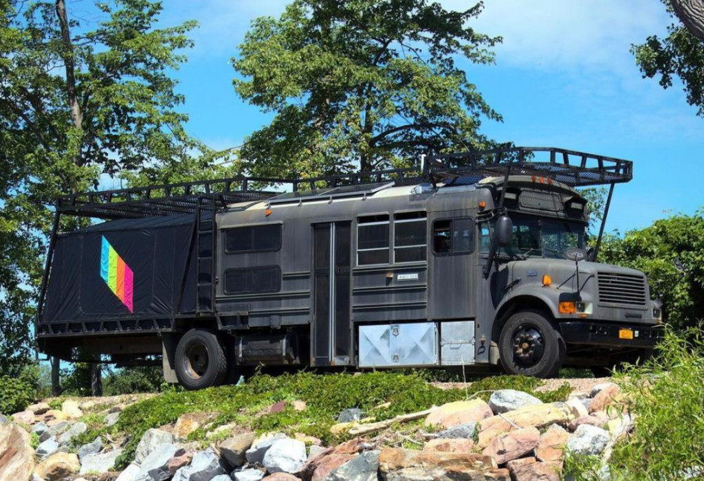 A school bus transformed into a huge truck, built to withstand the apocalypse.